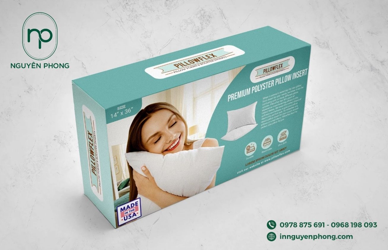 Mẫu hộp giấy đựng gối in hình minh họa